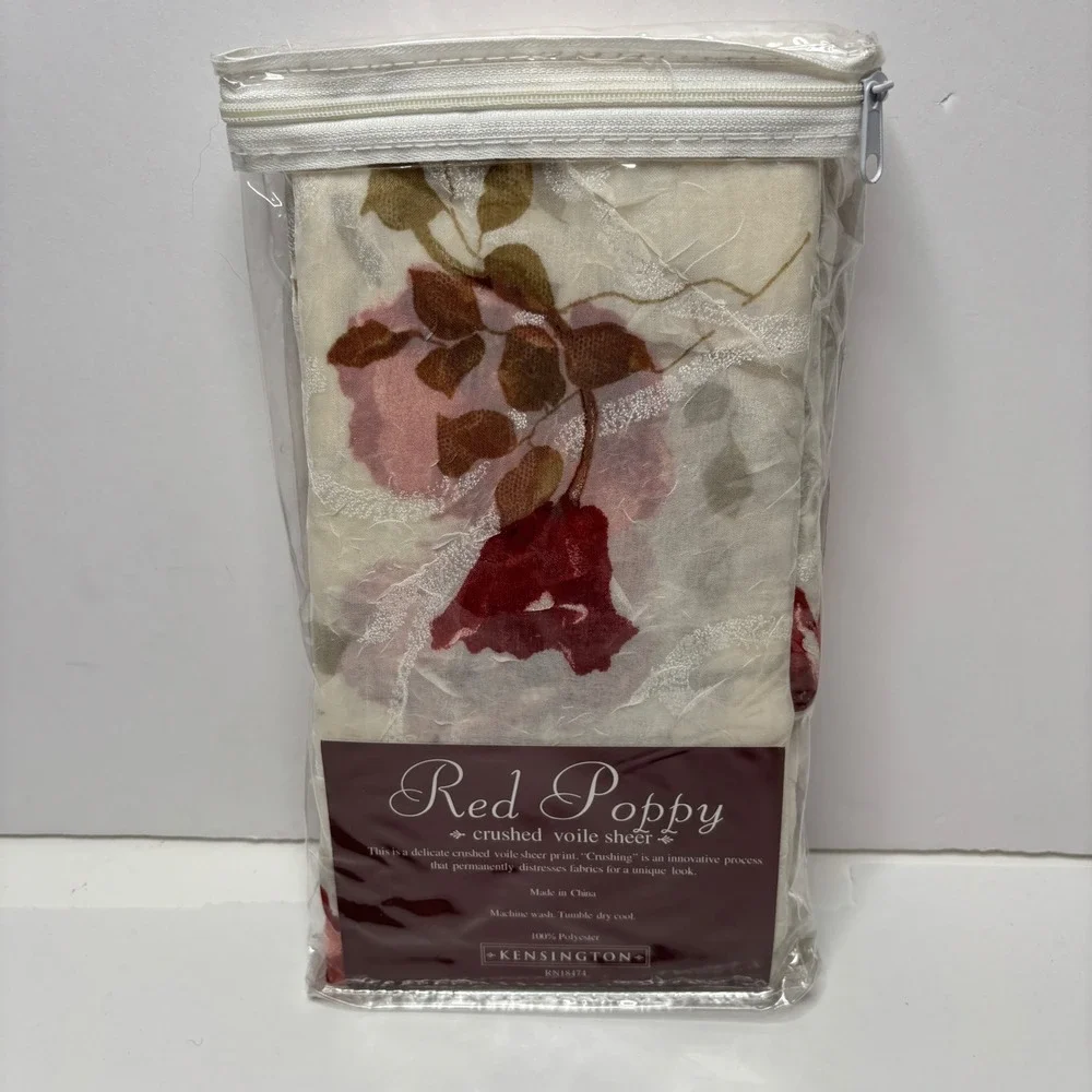 Kensington Red Poppy Crushed Voile Sheer Window Scarf Valance Red Multi‎ New
